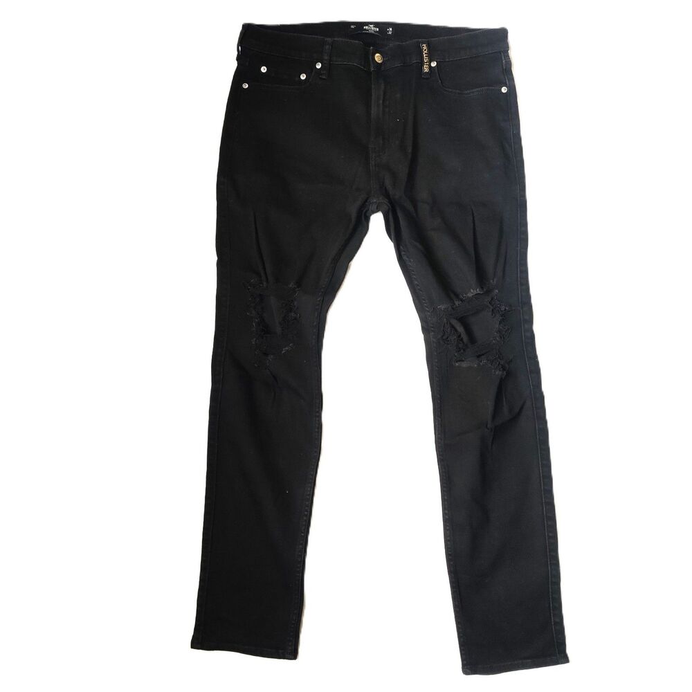 Hollister Mens W36 L32 Black Skinny Jeans Ripped Distressed Stretch Gold Logo